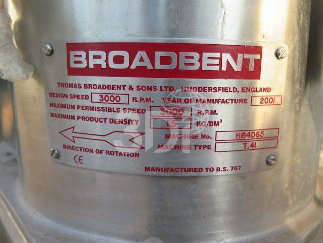 image of the namplate of a broadbent basket centrifuge type t41