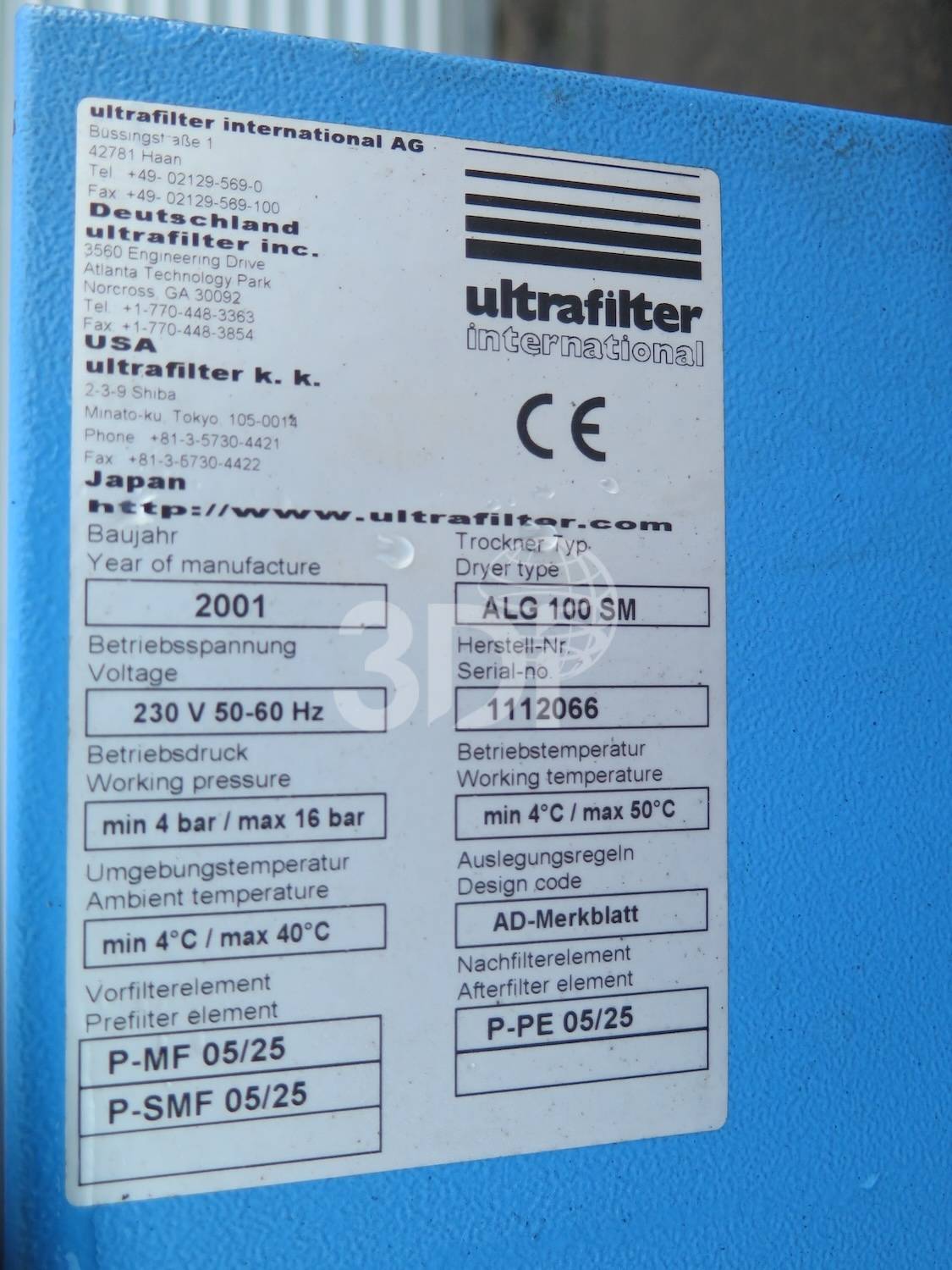 nameplate image of a ultrafilter compressed air dryer alg100 sm