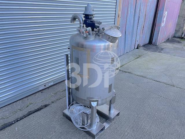 left front image of a 290 litre stainless steel mixing tank