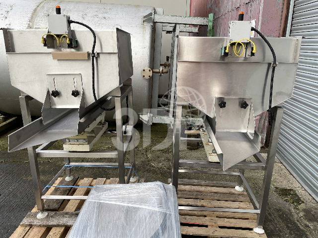 front on image of two used podmores stainless steel infeed hoppers
