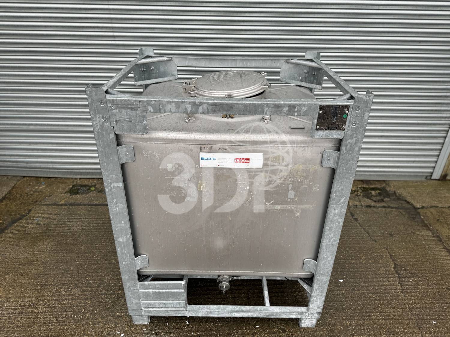 top image of a 1000 litre blefa stainless steel ibc 2875