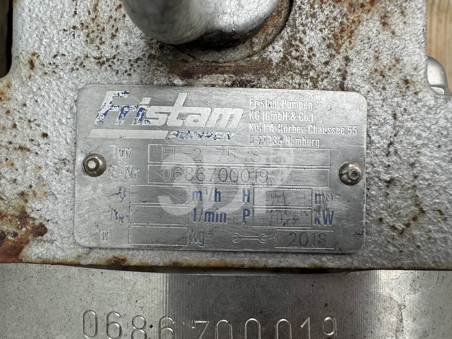 nameplate of a fristam fl275s rotary lobe pump