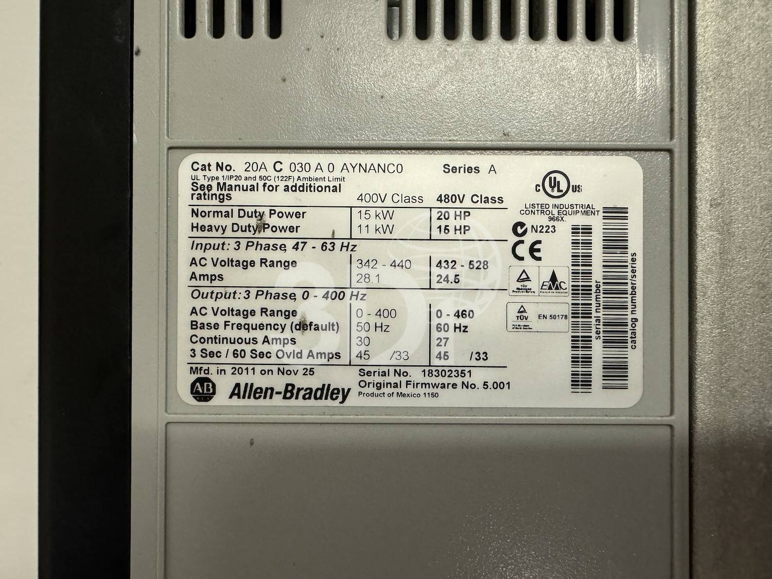 nameplate of a allen-bradley 20ac030a0aynanco powerflex 70 ac drive