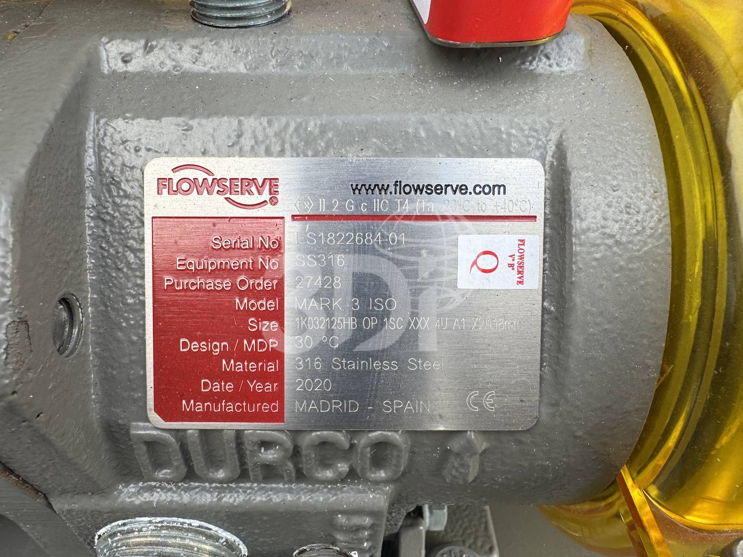 image of the nameplate of a durco mark 3 iso sealed chemical process pump